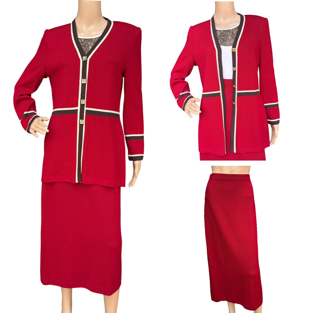 St. John Collection by Marie Gray Red Santana Knit Skirt Suit Set, Size 6/8
